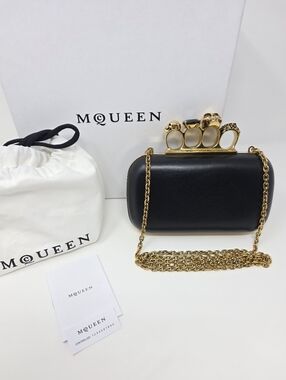 Alexander McQueen Four Ring Knuckle Clutch Black Gold Chain Purse Bag Skull Goth